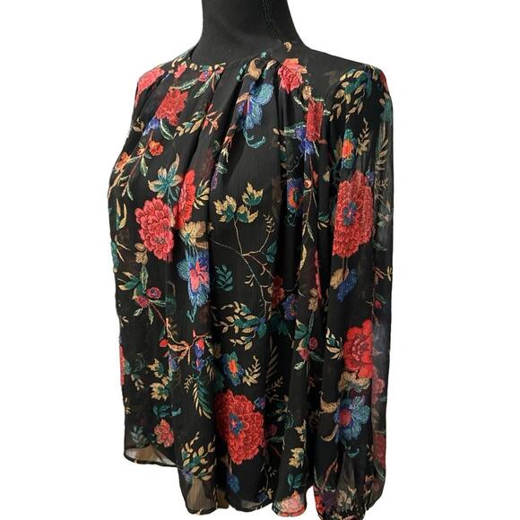 MAEVE by Anthropologie Long-Sleeve Pleated Floral Peasant Blouse in Black-Small - Picture 8 of 13